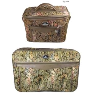 Vintage 1980's Jordache Floral Tapestry Train Case & Large Suitcase